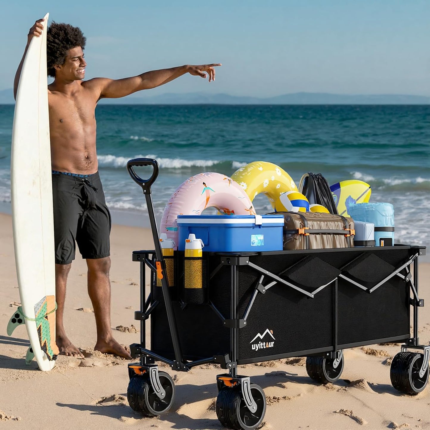 300L Extra Large Collapsible Foldable Wagon, 440lbs Load Capacity 48''L Extended Heavy Duty Folding Beach Wagon with Big All-Terrain Wheels, Utility Garden Cart for Outdoor Activities, Black