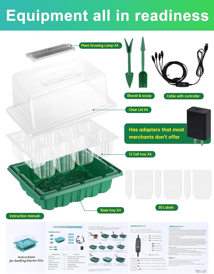 4 Packs Medium Seed Starter Tray, Adjustable Brightness and Timer, Upgraded 24 Full Spectrum LEDs, Seed Starter Kit with Drainage Holes, Tools and Labels for Indoor Plant Growing