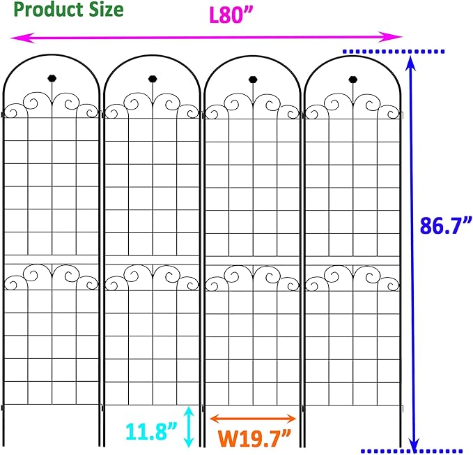 4 Pack Metal Garden Trellis 86.7" H Garden Fence Rustproof Trellis for Climbing Plants Support Roses Flower Outdoor Lawn, Black Galvanized Tube