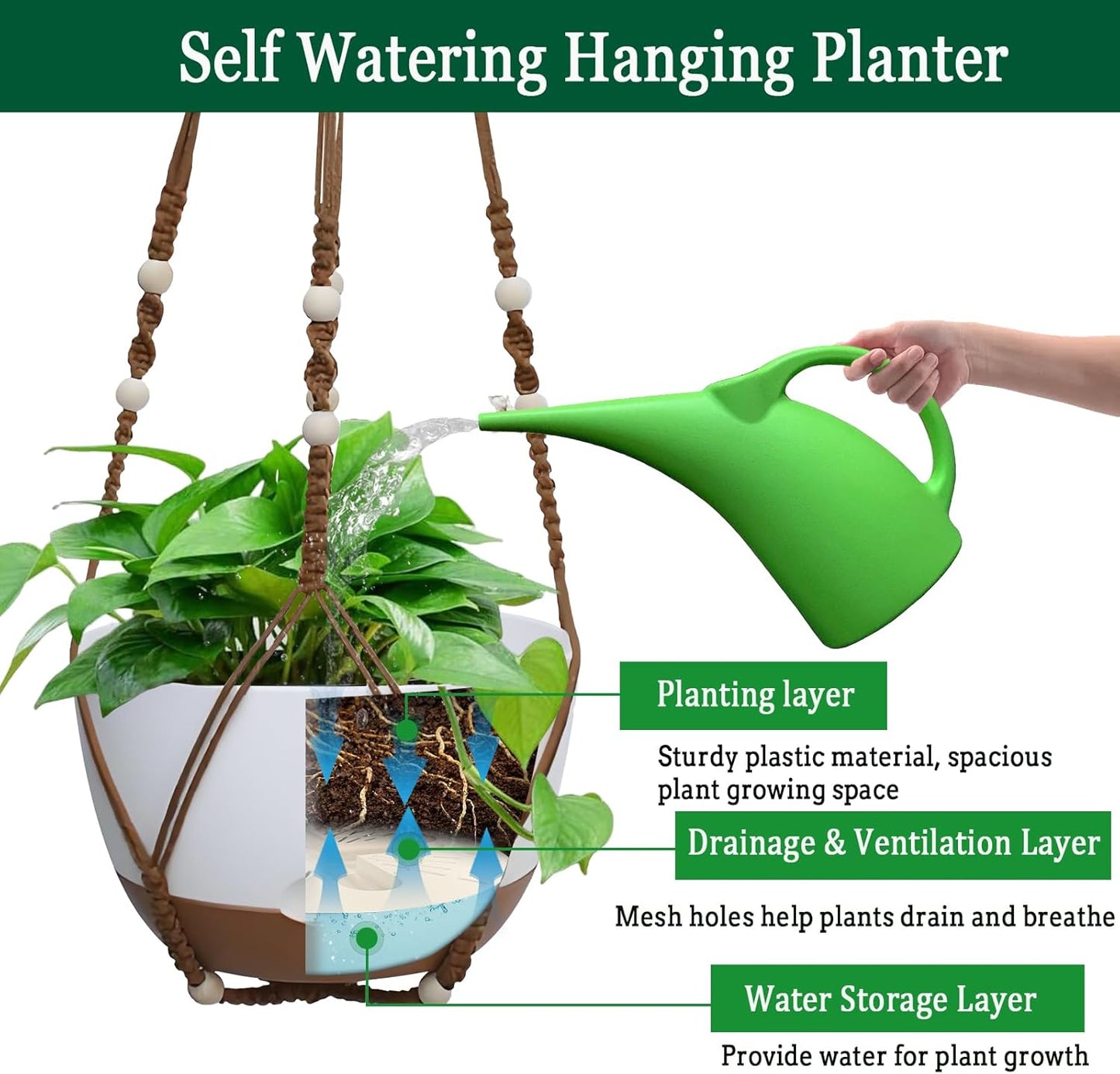 2 Pack Hanging Planters Set,10 Inch Indoor Outdoor Hanging Plant Pot Basket,Hanging Flower Pot with Drainage Hole with 3 Hooks for Garden Home(Caramel Hanger White Planters)
