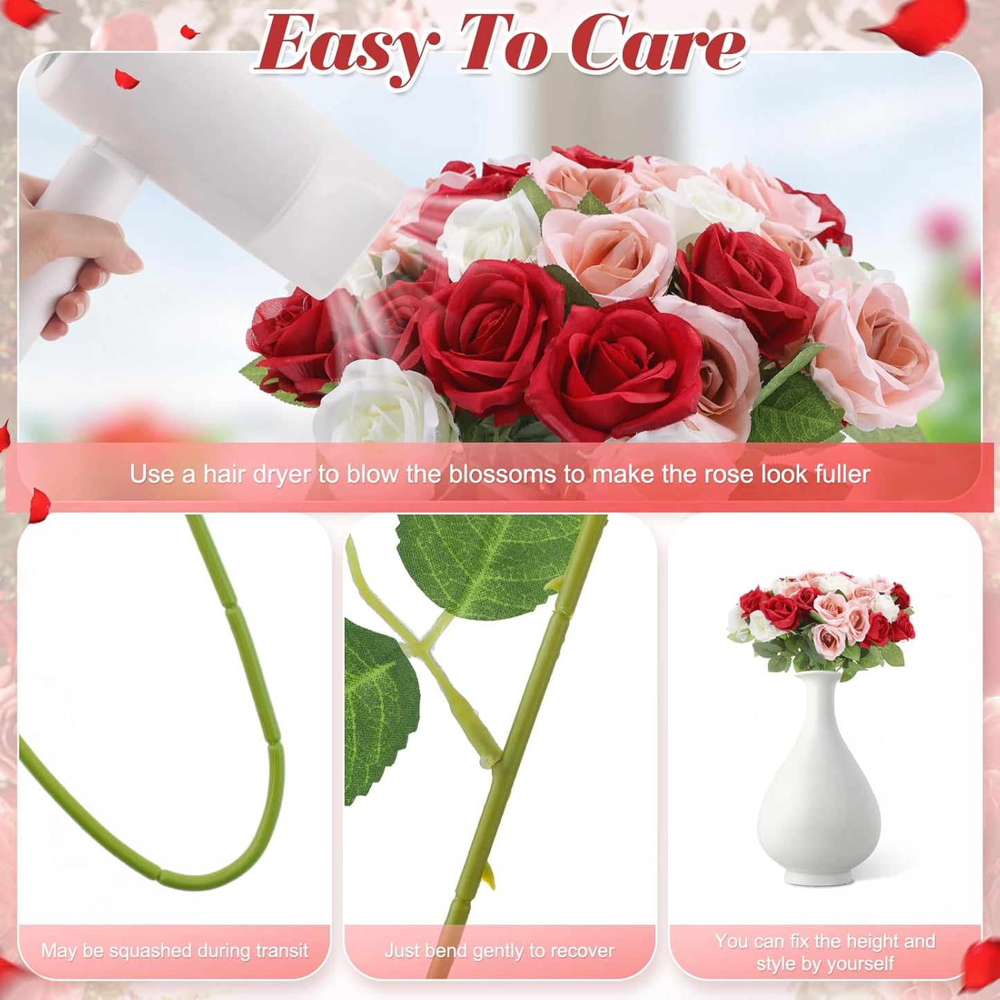 36 Pcs Red White Pink Artificial Roses with Long Stems, Fake Silk Rose Artificial Flowers Bulk for Bridal Wedding Bouquet Centerpiece Ball Arrangement Party Decor