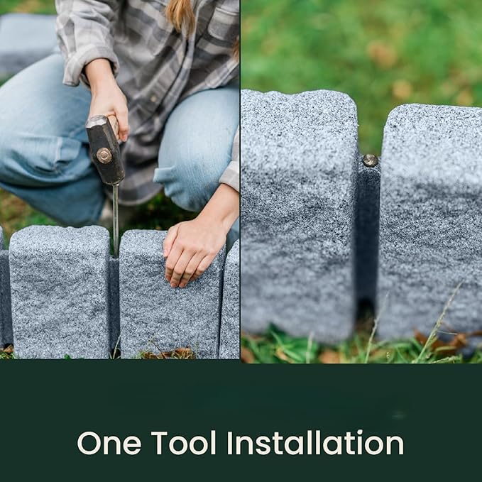 Beuta Landscape Edging | Garden Edging Border | Faux Stone Block XL for Lawn Edging, Flower Beds & Yard Edging – 10 Pack | Each Section Has 6 Blocks 48" L x 4" W x 9.5" H | 30 Spikes | Greystone