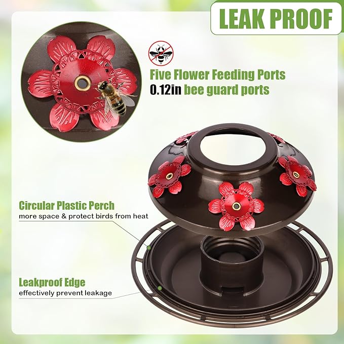 BOLITE Hummingbird Feeder, Hand Blown Glass Hummingbird Feeders for Outdoors Hanging, with Ant Moat and 5 Feeding Ports, 22 Ounces, Peony Flower Shape, Red, Gifts for Women Men, Gifts for Mom Dad