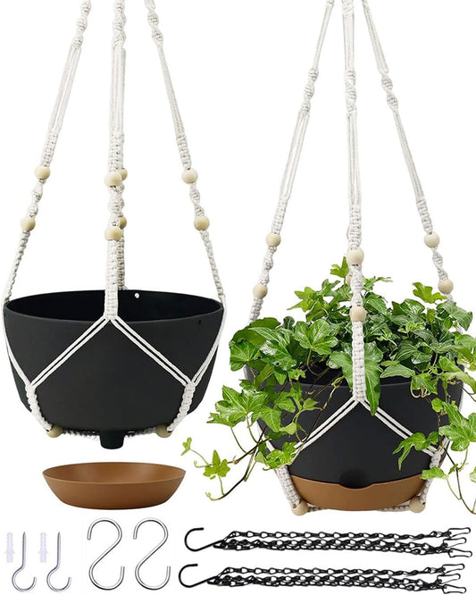 Hanging Planter Self Watering 10 Inch, 2 Pack Indoor Outdoor Hanging Baskets, Hanging Flower Pots with Drainage Hole & 2 Kinds of Plant Hangers for Garden Home Decor(Grey)…