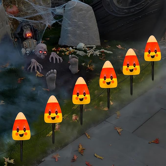 Halloween Pathway Lights Outdoor, 7Ft C7 LED Decorations String Lights With 4 Corncob Pathway Markers Stakes, UL Listed for Lawn, Garden, Yard, Walkway, Party Decor
