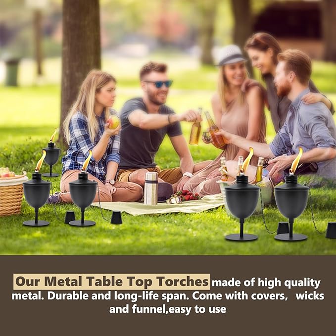 6 Pack Upgraded Tabletop Torches,14 oz Citronella Torches for Outside, Refillable Outdoor Flame Torch Light, Comes with Wicks,Covers and Funnel, Ideal for Parties, Garden Decor, DIY