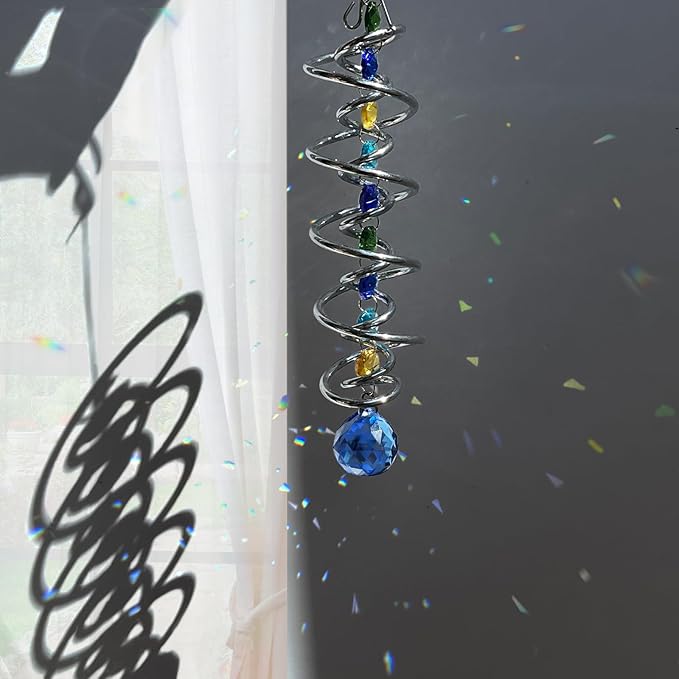 FONMY Gazing Ball Spiral Tail -Decorative Wind Spinner Sun Catcher Rainbow Maker Double-Spiral W/Sea Blue Crystal Ball and Chain Crystals for Indoor Outdoor Garden Decoration -14 inch Height
