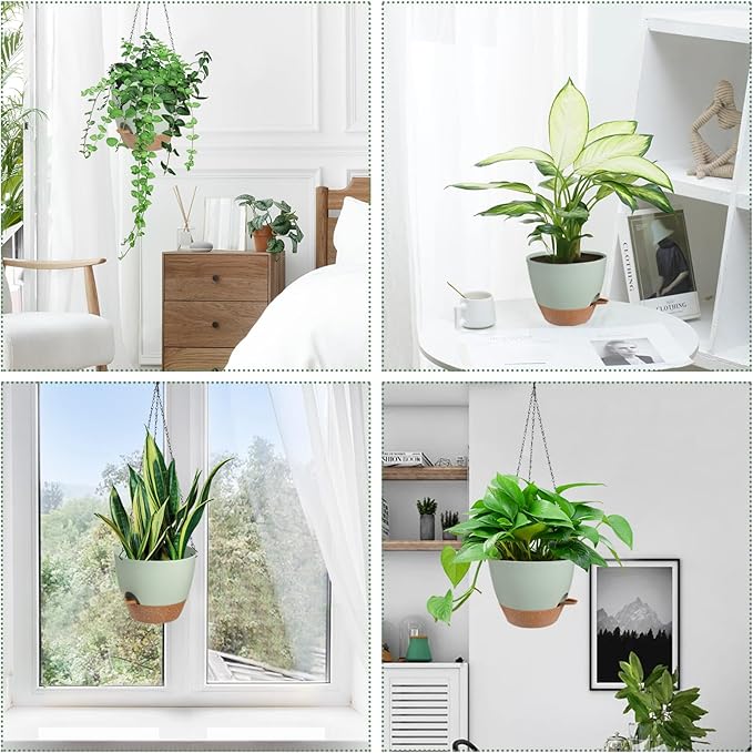 Hanging Planters for Indoor Outdoor Plants, 2 Pack Self Watering Hanging Pot with Drainage Holes & Removable Tray (Green, 6'')