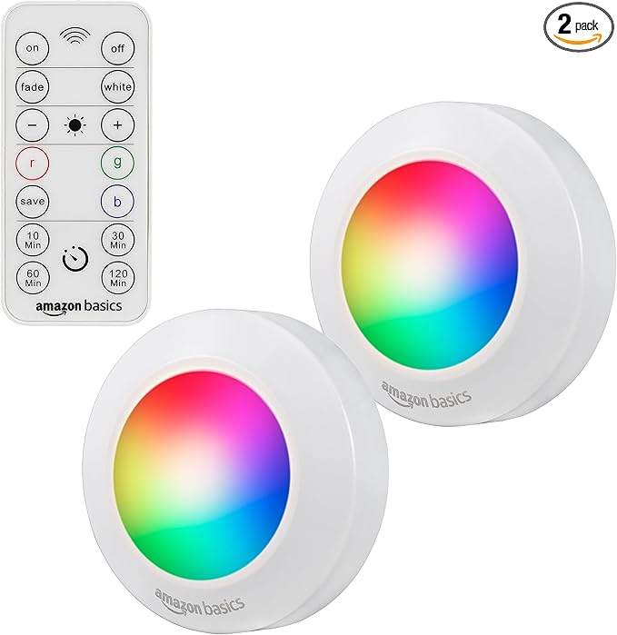 Amazon Basics LED Puck Lights, Color Changing, Battery Operated, IR Remote, 40 Lumens, 2 Pack, Wireless Stick on Lights, Under Cabinet Lighting, Ideal for Closets, and More, White