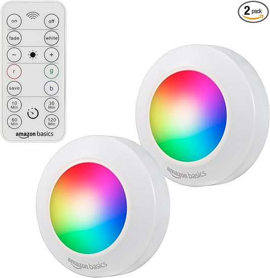 Amazon Basics LED Puck Lights, Color Changing, Battery Operated, IR Remote, 40 Lumens, 2 Pack, Wireless Stick on Lights, Under Cabinet Lighting, Ideal for Closets, and More, White