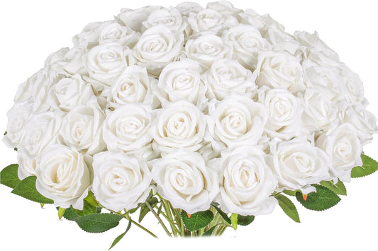 30 PCS Fake White Roses, Artificial White Flowers Bulk Realistic Silk Faux Roses with Stems for Wedding Decorations Table Centerpieces Bridal Bouquet DIY Floral Arrangement Event Party Home Decor
