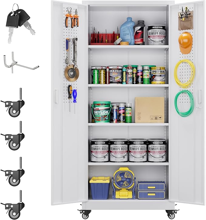 73" H Metal Garage Storage Cabinet with Wheels & Pegboard,Rolling Tool Cabinet with 2 Doors and 4 Shelves for Garage,Home,Office,Warehouse,Workshop, Required-Assembly,White