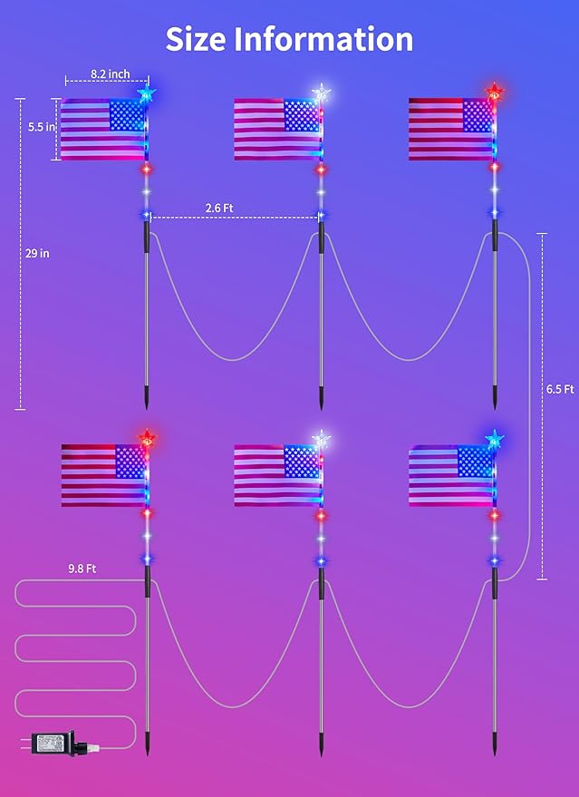 Brightown 4th of July Decorations Outdoor, Red White and Blue Lights, 6 Flag Lights Pathway, Memorial Day Decorations for Independence Day Garden Yard Lawn Outside Patriotic Decorations