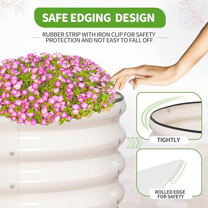 Galvanized Raised Garden Bed - 8x2x1.4FT Metal Planter Boxes Outdoor | Oval Steel Raised Bed Kit for Gardening with Protective Tape, Bracing Rods, Gloves for Vegetables, Flower, Herb (White)