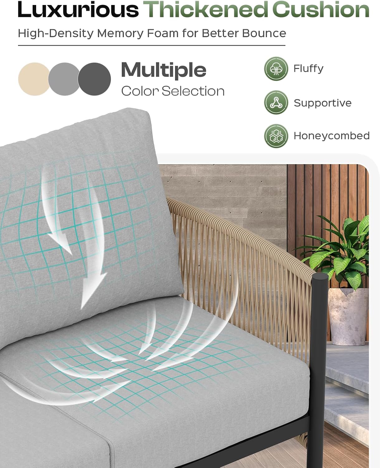 Aluminum Outdoor Patio Furniture Set, HDPE Rope 4 Piece Modern Sectional Conversation Sets with Dual-Layer Coffee Table, All Weather Patio Couch Sofa with Thick Cushions, Gray Frame, Gray