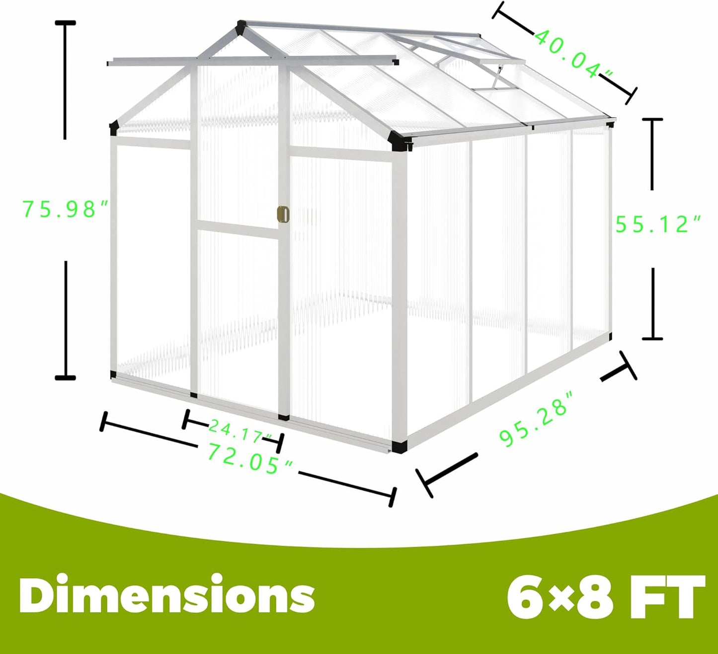 Aluminum Greenhouse for Outdoors, 6 x 8 FT Polycarbonate Walk-in Greenhouse with Quick Setup Structure and Adjustable Roof Vent, Silver