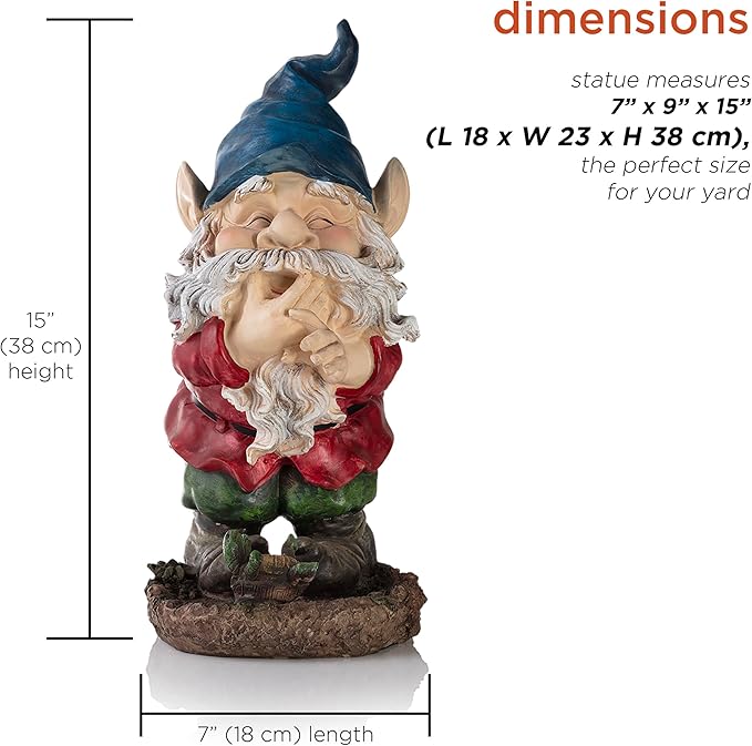 Alpine Corporation 15" Tall Outdoor Garden Gnome Smiling Yard Statue Decoration, Multicolor