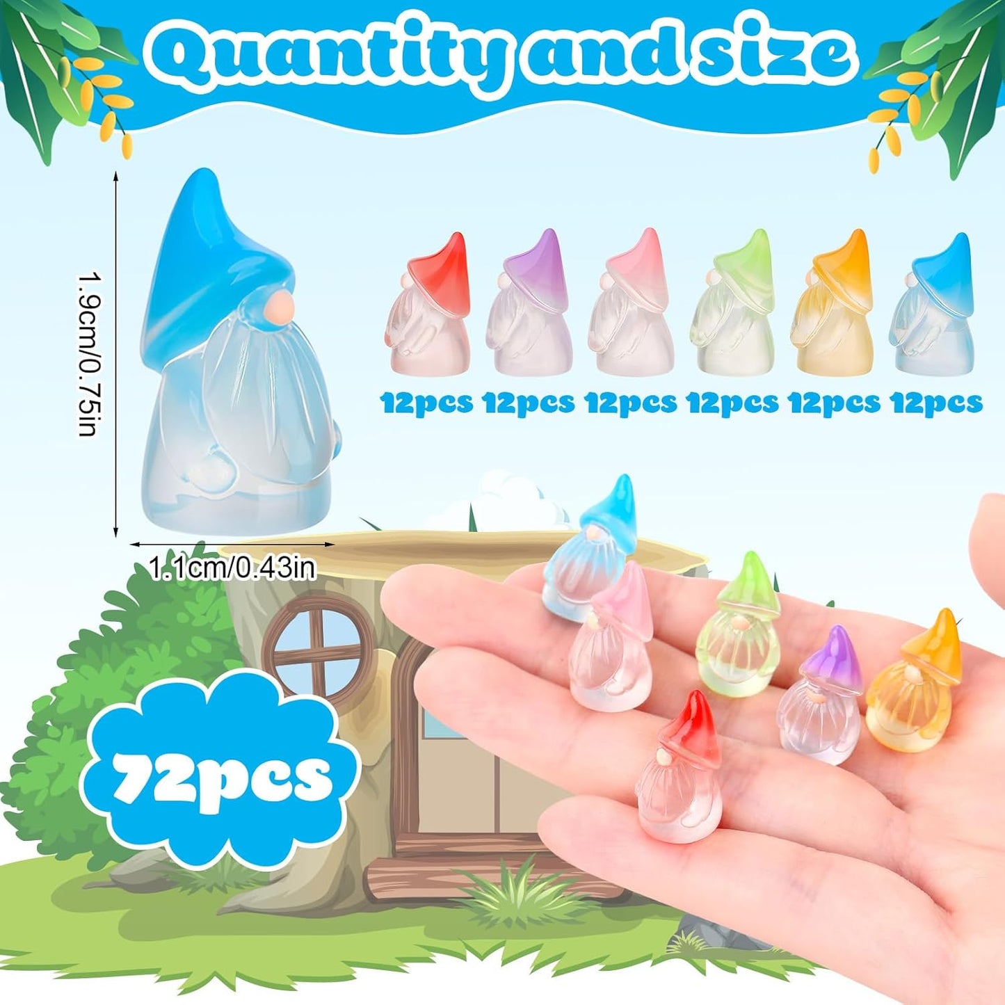 72 Pcs Luminous Mini Resin Gnomes, Tiny Gnomes Fairy Garden Statues Glow in The Dark Miniature Gnome Figurines Decor for Landscape, Outdoor, Patio, Yard, Lawn (6 Colors)