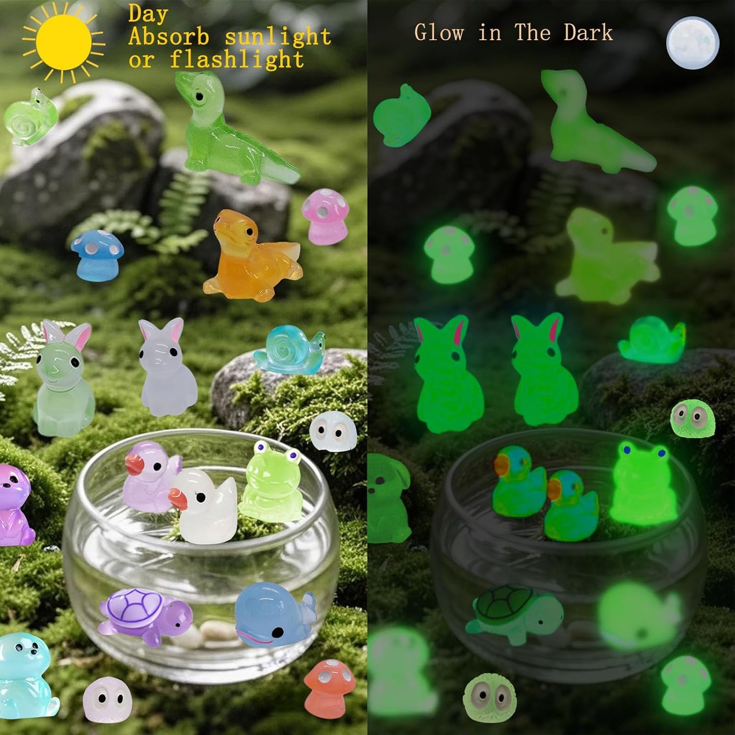 60pcs Mini Resin Animals Luminous Tiny Small Animals Figures Variety Pack Glow in The Dark Ducks Rabbits Ect 11 Type Little Figurines to Hide for Miniature Landscape Potted Fairy Garden & Aquarium