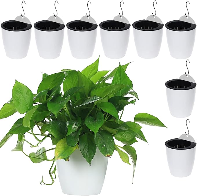 8 Packs 5" Plastic Self Watering Pots Wall Hanging Planters Wall Mounted Wicking Flower Pots for Indoor and Outdoor African Violet, Ocean Spider Plant, Orchid, White