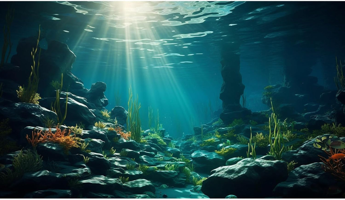Aquarium Background Ocean Floor Fish Tank Background Underwater Coral Reef Stone Aquarium Backdrop Seaweed Background Sunlight Tank Backdrop Perfect Aquarium Backdrop Durable Vinyl 72x18in
