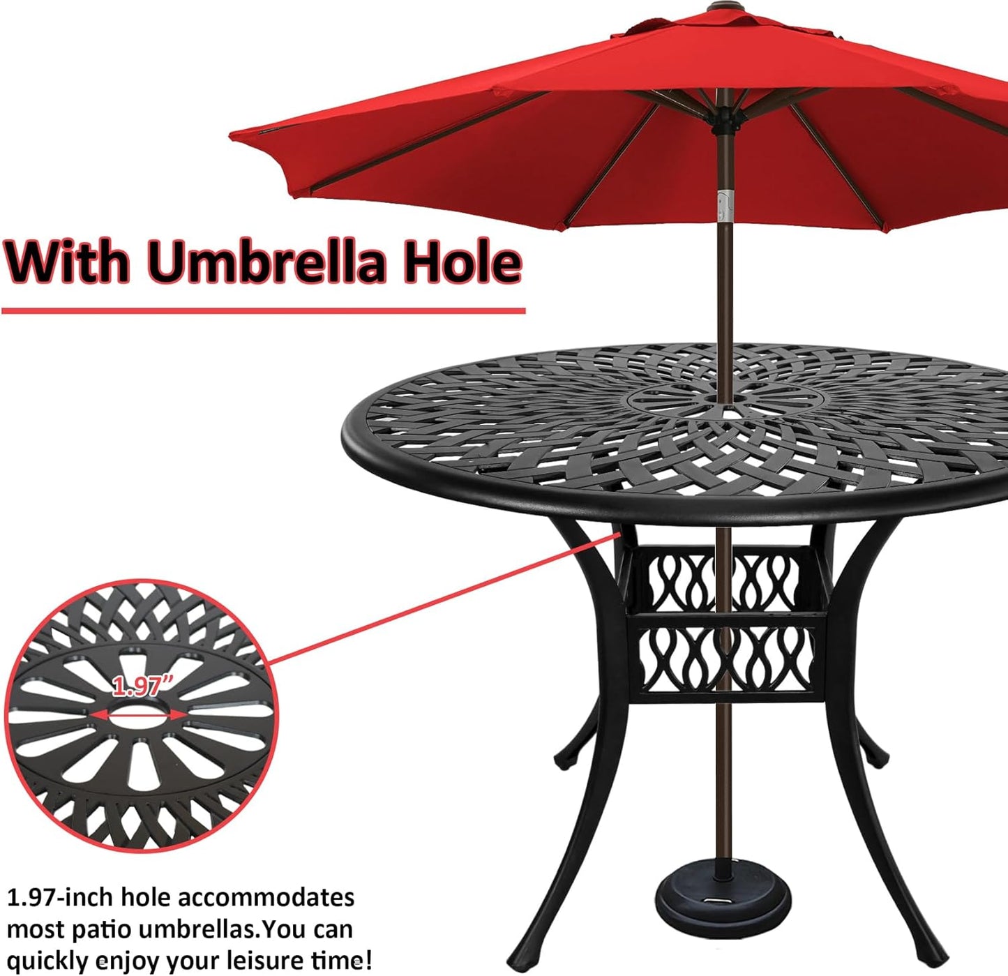 5 Piece Cast Aluminum Outdoor Dining Set, Outdoor Table and Chairs Set of 4, Patio Dining Set with 4 Chairs and 42" Round Table, Patio Conversation Set with 1.97" Umbrella Hole