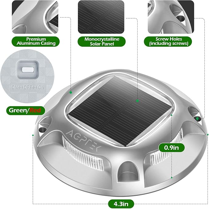 AGPTEK Solar Driveway Lights Outdoor 12 Pack, 2 Color Modes LED Deck Dock Marine Waterproof Security Marker Lights for Step Sidewalk Stair Garden Pathway Walkway Yard(Green/Red)