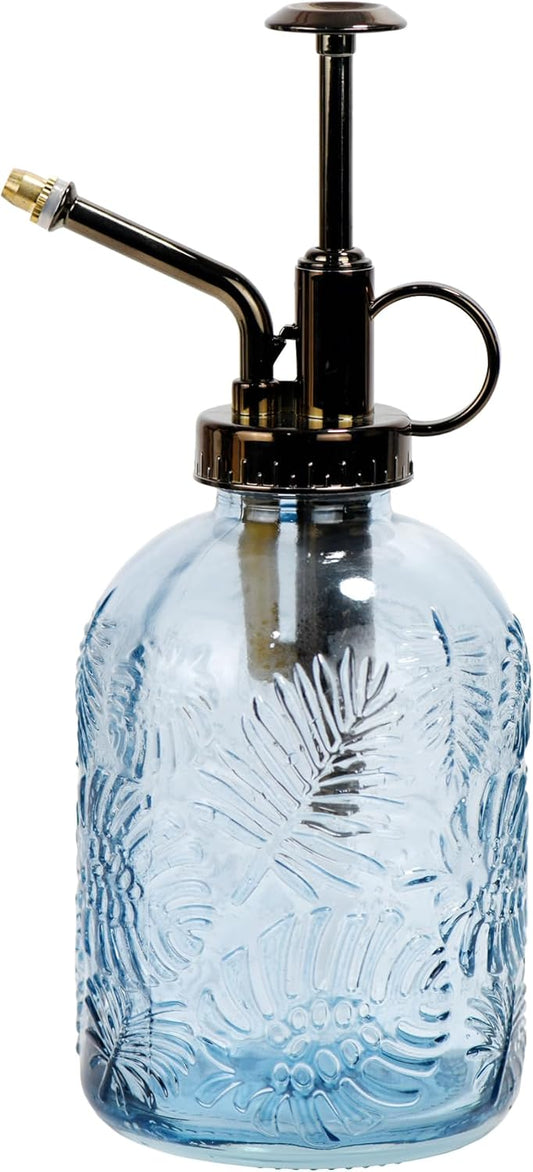 11.8 Ounce Glass Plant Spray Bottle, Glass Leaf Print One Handed Watering Can with Antique Brass Plastic One Handed Top Pump, 7.6 Inch Tall Indoor and Outdoor Plant Small Spray Bottle (Blue)
