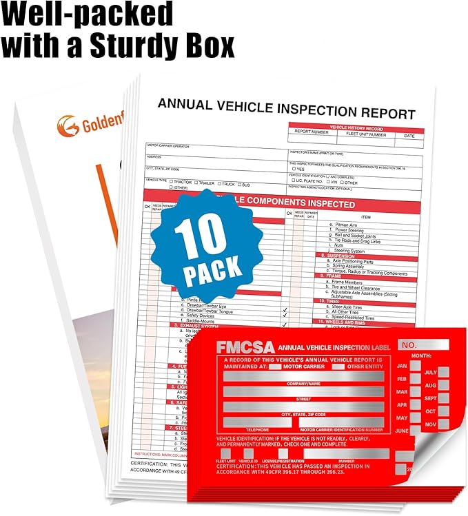 Goldenfox DOT Inspection Forms and Stickers,10-Pack,3-Ply Carbonless Annual Vehicle Inspection Report Form(8.5" x 11.75) with Red Exterior Aluminum Inspection Label(6"x3.5"), Permanent Adhesive.