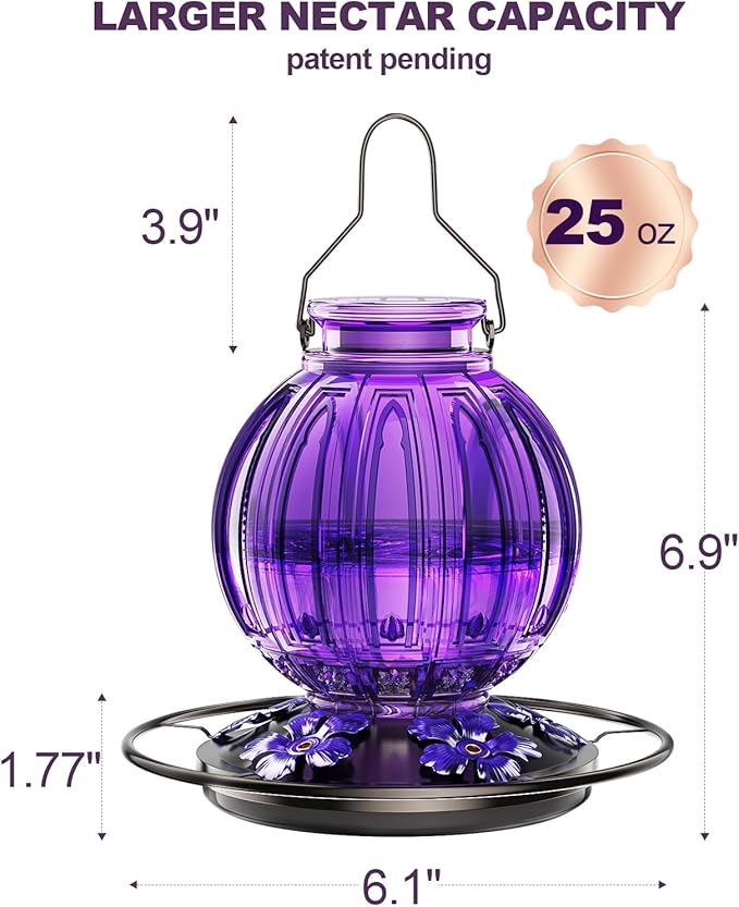 Glass Hummingbird Feeder for Outdoors Hanging, Bird Nectar Feeder with Perch & 5 Flower Feeding Ports, 26 Oz Leak Proof for Outside Garden Decor Backyard, Gifts for Women Mom, Purple