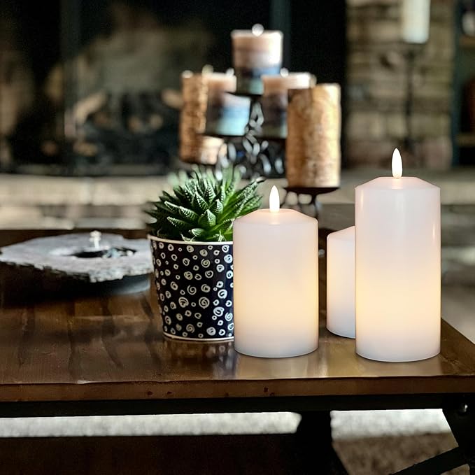 Battery Operated Flameless Candles with 3D Flickering Flame Wick, LED Pillar Candles with Remote Timer, Pack of 3 Real Wax Candles for Wedding Home Decor(White)