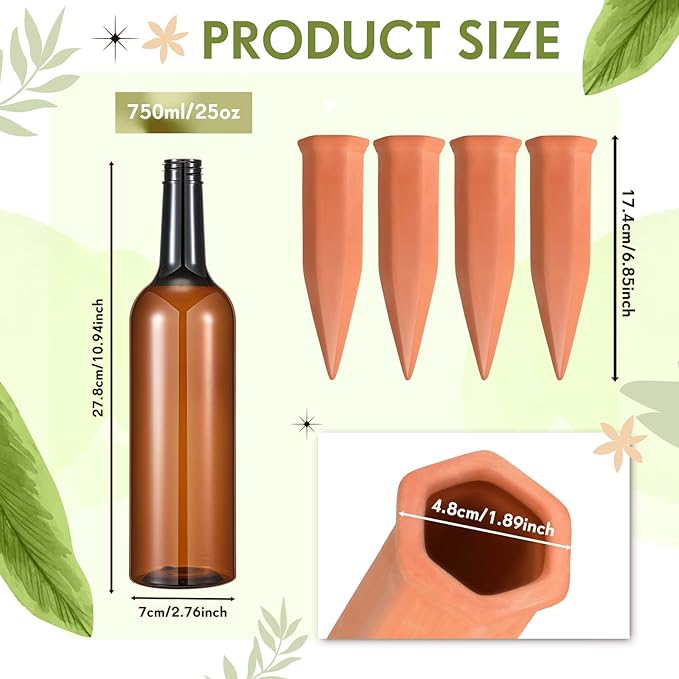 Baderke 16 Pcs 8 Set Plant Watering Devices, Terracotta Watering Spikes with 25 oz Plastic Wine Bottles, Slow Release Vacation Insert Automatic Plant Waterer Device for Indoor Outdoor