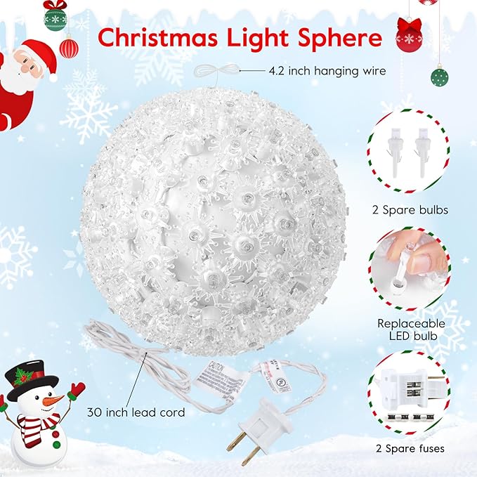 Brightown 6" Christmas Lighted Sphere Balls, 100 LED Warm White Starlight Ball - Plug-in Waterproof Outdoor & Indoor Christmas Holiday Decoration