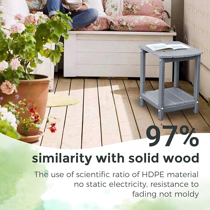 Adirondack Square Outdoor Side Table,2-Tier Storage Patio Side Table, HDPE End Tables for Backyard Pool Porch Garden Lawn(Grey)