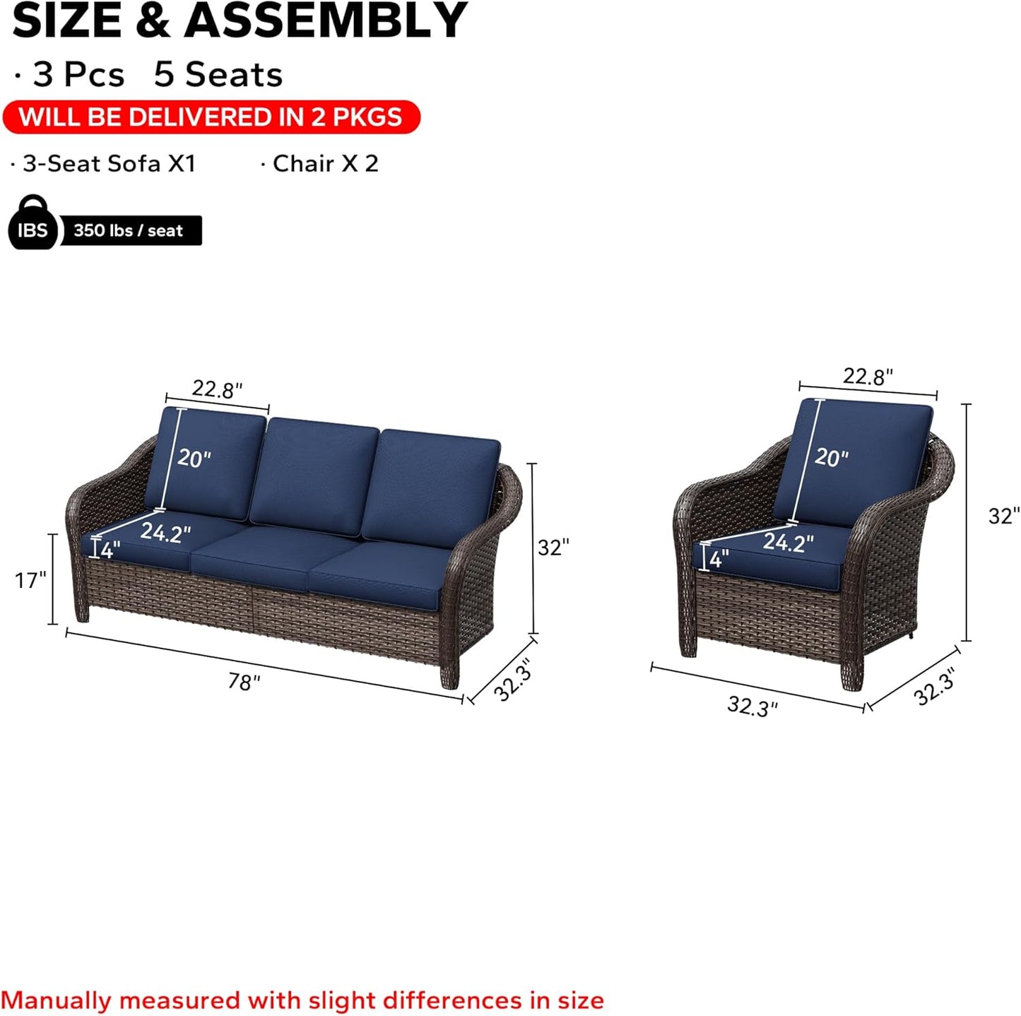 3 Pieces Outdoor Patio Conversation Set, 78" Couch, 2 Chairs, Rattan Wicker Conversation Furniture with Removable Cushions for Bistro, Deck (Navy Blue)