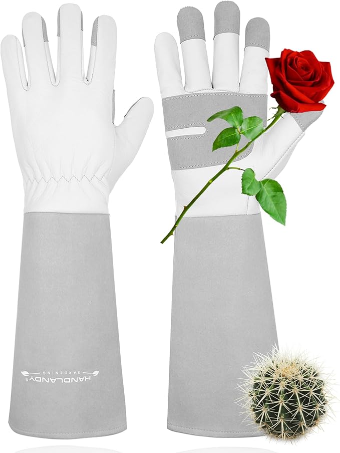HANDLANDY Long Gardening Gloves for Men & Women, Thorn Proof Rose Pruning Gloves Leather Gauntlets Garden Glove Yard Work Glove (Medium, Grey)