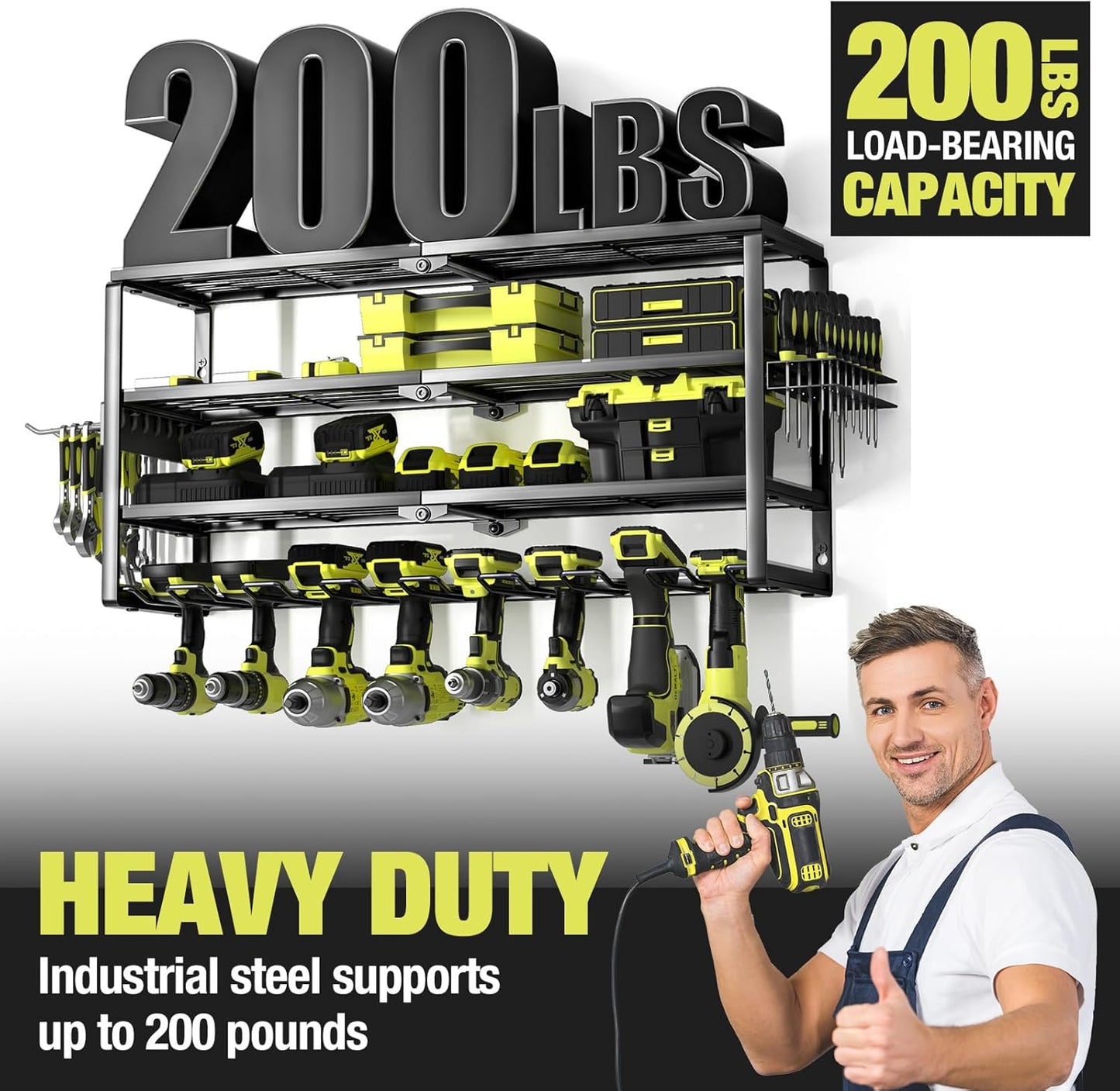 4 Layer Power Tool Organizer Wall Mount, Battery Tools Holder with Charging Station Shelf, Cordless Drill Hanger Storage Rack for Garage Organization, Workshop, Pegboard - 32 Inch 8 Slots