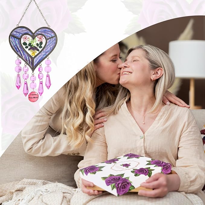 Gifts for Mom Suncatcher Heart Shaped I Love You Mom - Colored Glass Light Catcher Hanging Wind Chime Decorations Window Gifts Mother's Day Valentine's Day Birthday Christmas (Purple)
