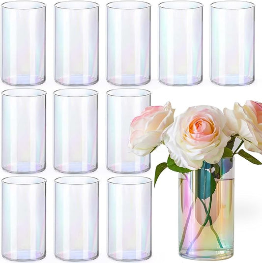 12pc Glass Cylinder Bud Vases for Centerpieces,6 inch Tall Irised Crystal Clear Flower Vases in Bulk,Hurricane Glass Candle Holders for Table Centerpiece Formal Dinners Home Decor