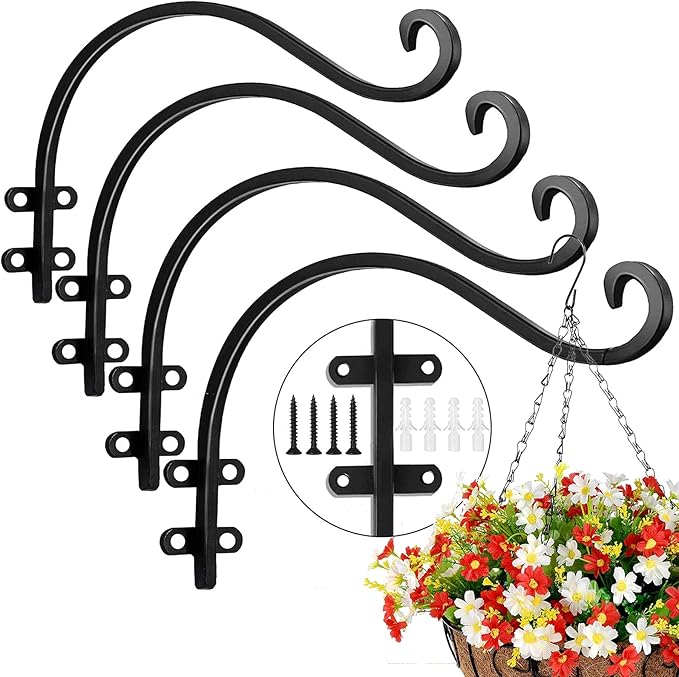 4 Pack Heavy Duty Plant Hanger Bracket, 12Inch Hanging Brackets for Plants Outdoor and Indoor, 80lbs Holding Capacity Metal Plant Wall Hooks, Black Hanging Plant Brackets for Flower Wind Bird Feeder
