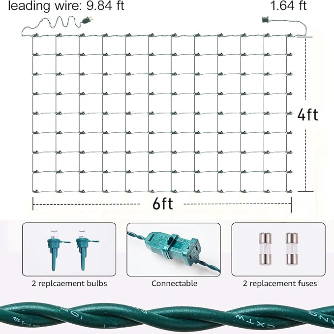 6Ftx4Ft LED Christmas Net Lights Green Wire,Connectable UL Certified Waterptoof Net Lights for Bushes Trees Shurb Garden Outdoor Christmas Decorations