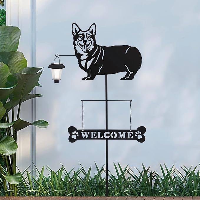 BAYN Solar Corgi Silhouette Dog Breed Welcome Sign with a Lantern Outdoor Decorative Garden Stakes for Yard, Lawn, Patio, Pathway