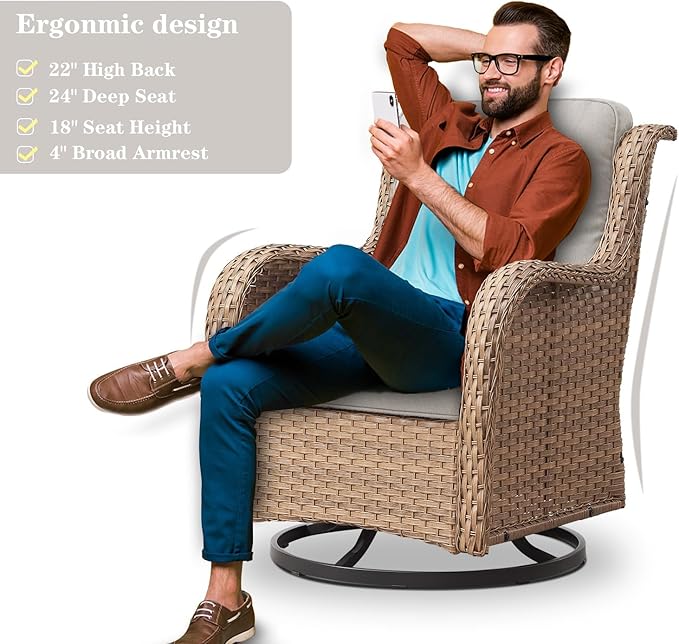 5 Pieces Patio Furniture Sets Wicker Outdoor Furniture, Rattan Patio Swivel Glider Chairs with 2 Ottoman and Glass Side Table, Yellow Wicker