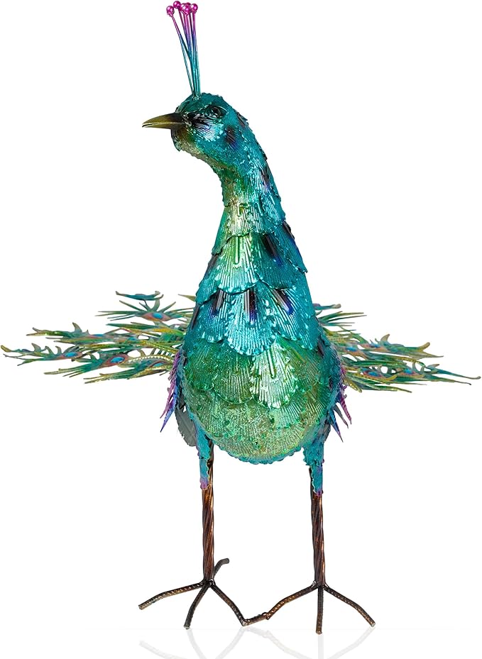 Alpine Corporation HEH378 Metal Jumbo Sized Majestic Peacock Decor, Elegant Garden & Patio Bird Statue, 33" H, Blue