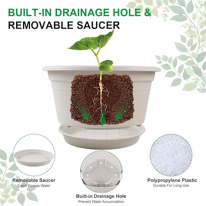 6 Pack 10 inch Plant Pot, Outdoor Pots for Plants with Drainage Hole & Tray Saucer, Round Plastic Plant Pot, Decoration Flower Pots for Indoor Plants Home Garden Outdoor Planters (White)