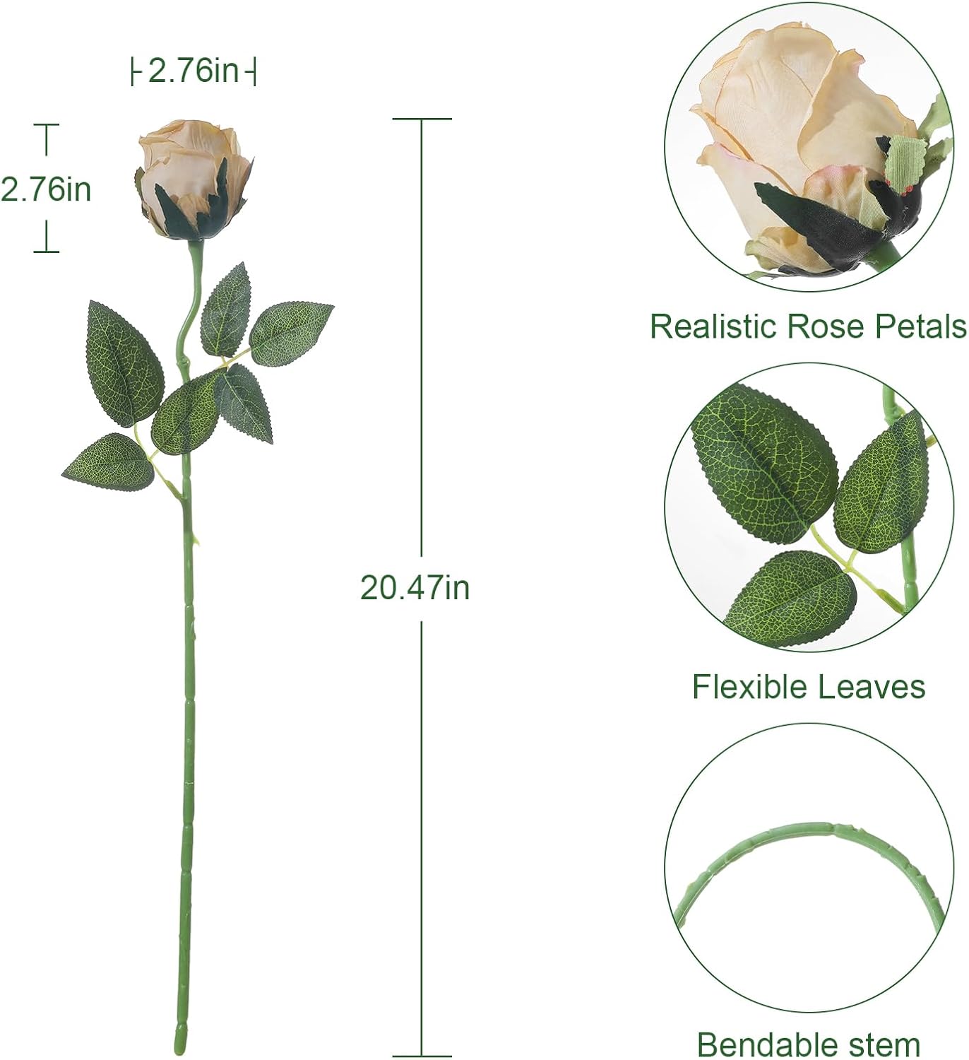 12Pcs Realistic Fake Champagne Roses Faux Flowers with Long Stems, Artificial Silk Rose Flowers for Valentines Day Home Wedding Decor Bridal Bouquet