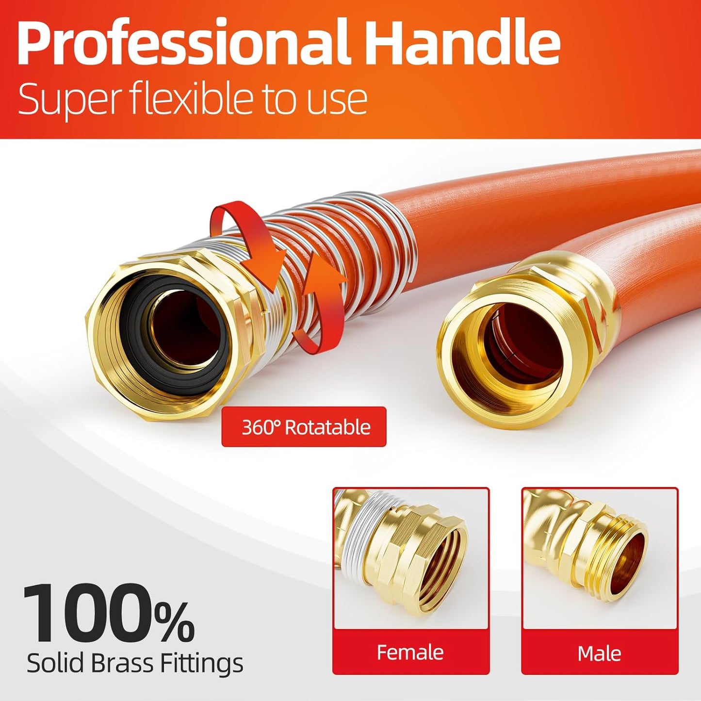 Garden Water Hose 50 ft x 3/4 in Heavy Duty, Flexible and Lightweight, Burst 600 psi, Kink-less Hybrid Rubber Pipe for Backyard, 3/4'' Brass Fittings, Orange