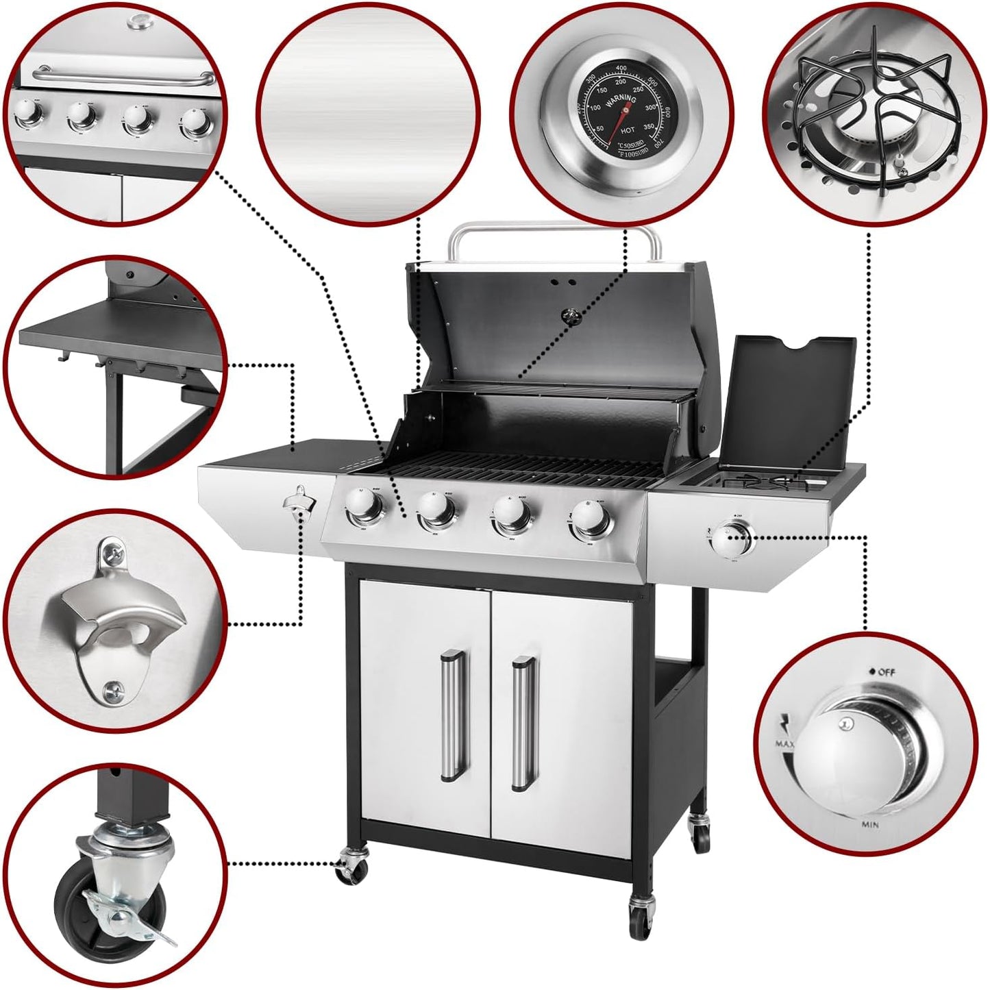 4-Burner Propane Gas BBQ Grill with Side Burner, 53,000 BTU Output with Enameled Cast Iron Grates for Patio Garden Barbecue, Stainless Steel