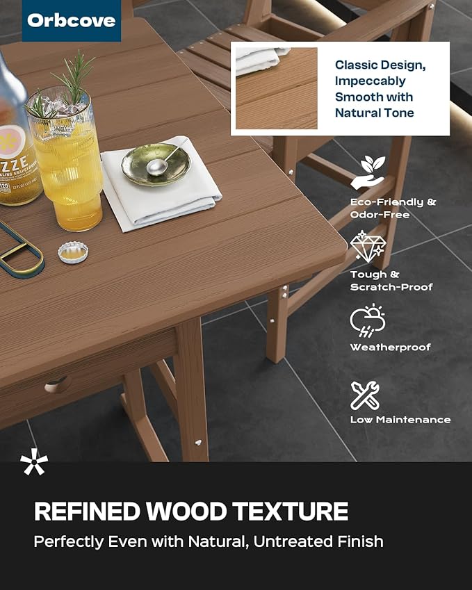 5-Piece Bar Height Outdoor Table and Chairs Set, HDPE Wood Grain Patio Bar Table and Chairs with Heart Cutout Design, Weather-Resistant Bar Height Furniture for Deck, Porch, Pool (Teak)