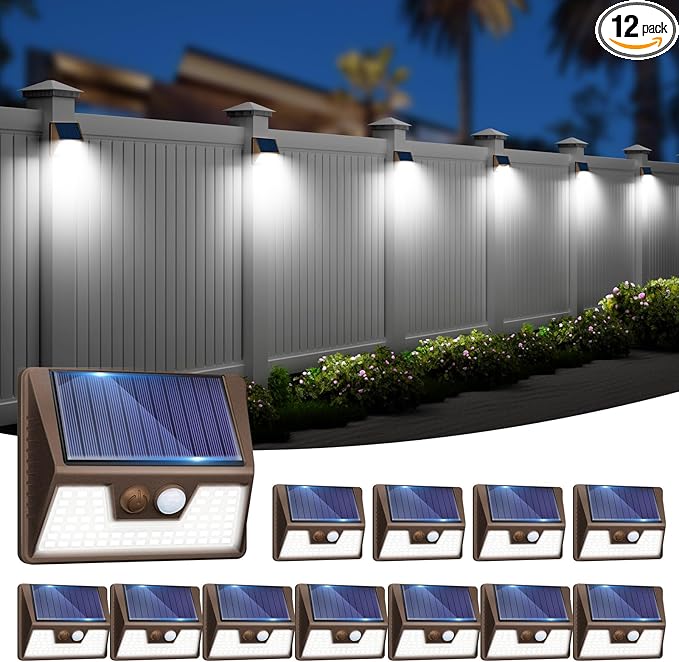 12 Pack Solar Fence Lights Waterproof, Motion Sensor Deck Lights Outdoor, Cold White LED Outside Lamp Wireless for Wall Yard Steps Stairs Garden - Brown